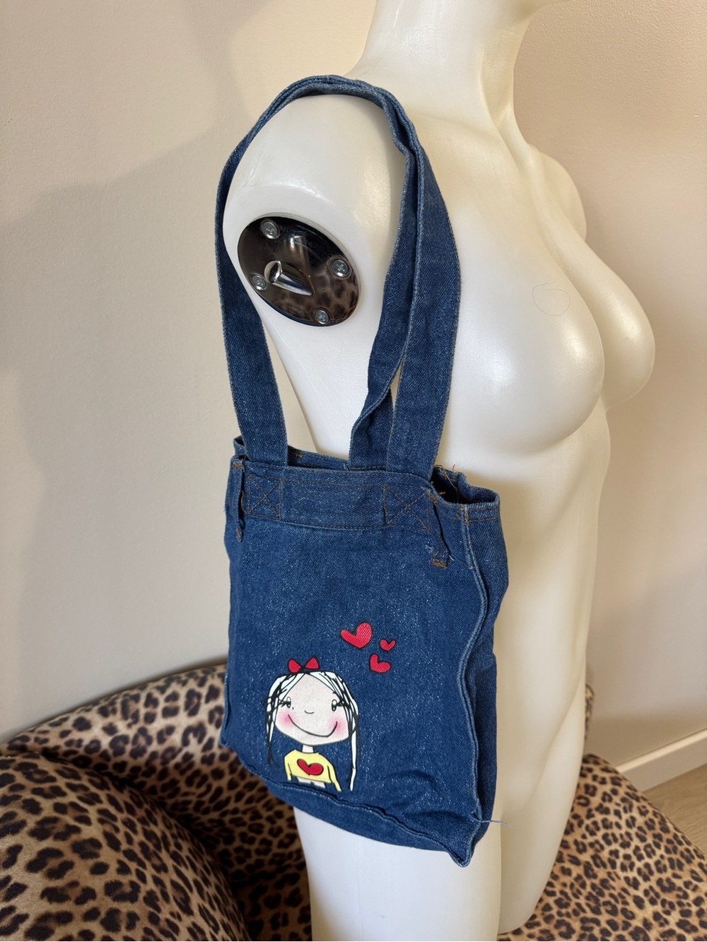 Y2K Denim Tote Bag Heart Girl Graphic by Emanuela Collection